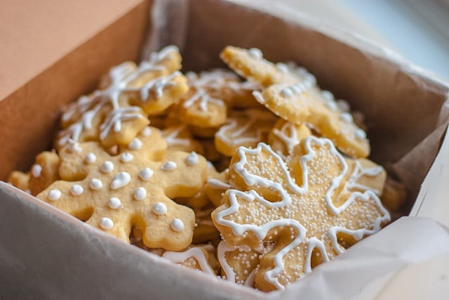 box of snowflake shaped sugar cookies