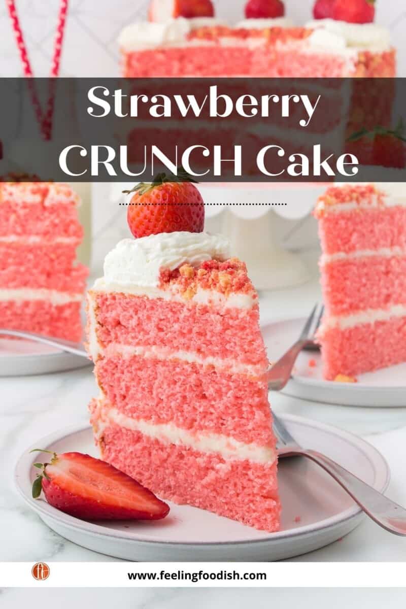 tall slice of strawberry crunch cake with berry on white plate