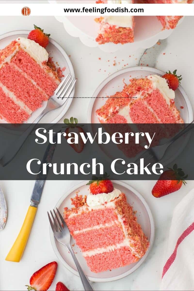 three slices of strawberry crunch cake on plates with forks
