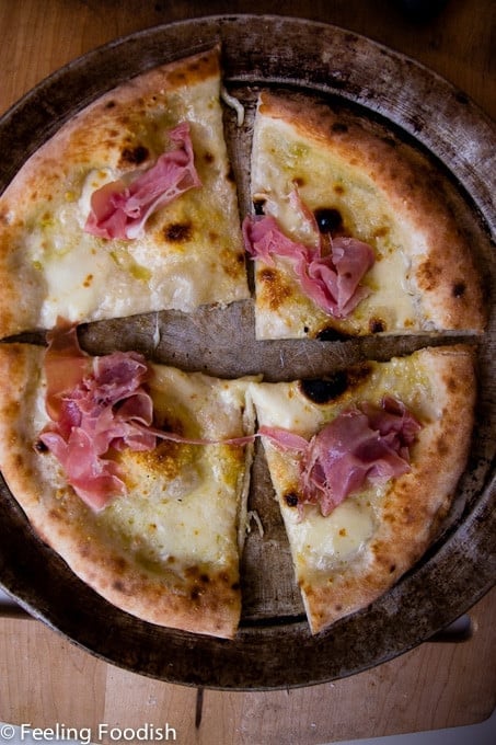 white pizzas with fior di latte and proscuitto crudo