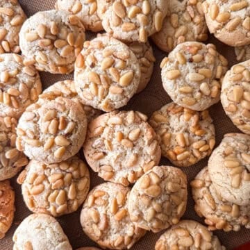 Top view of baked pignoli cookies.