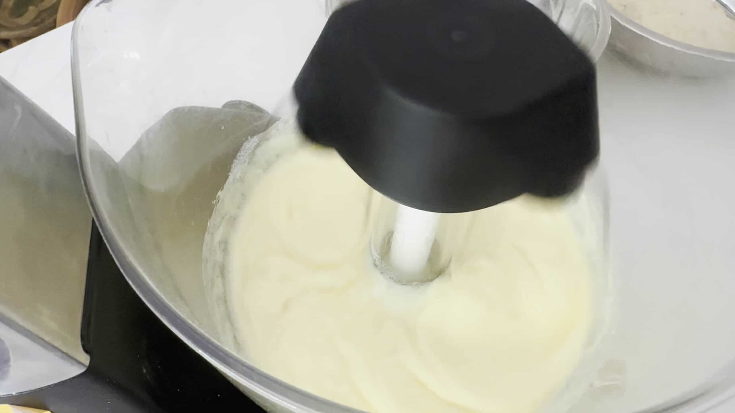Eggs and sugar beaten until light and fluffy in mixer. 
