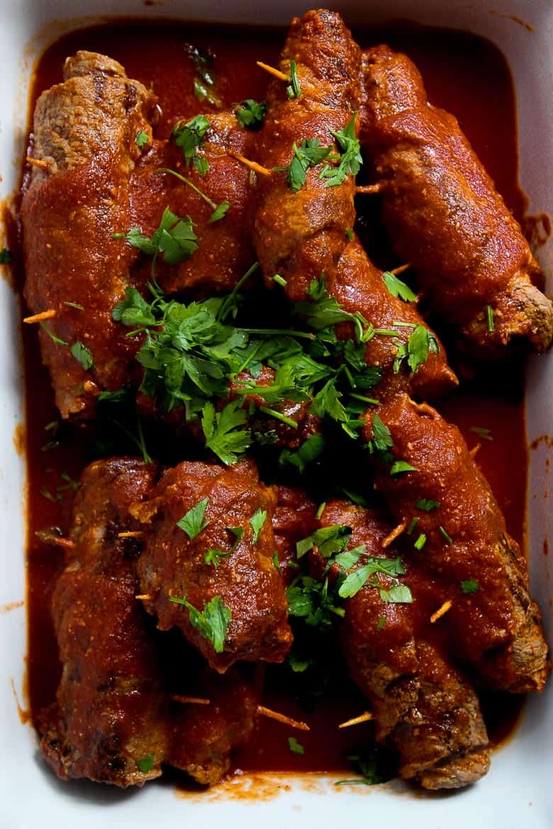 italian beef braciole in baking dish