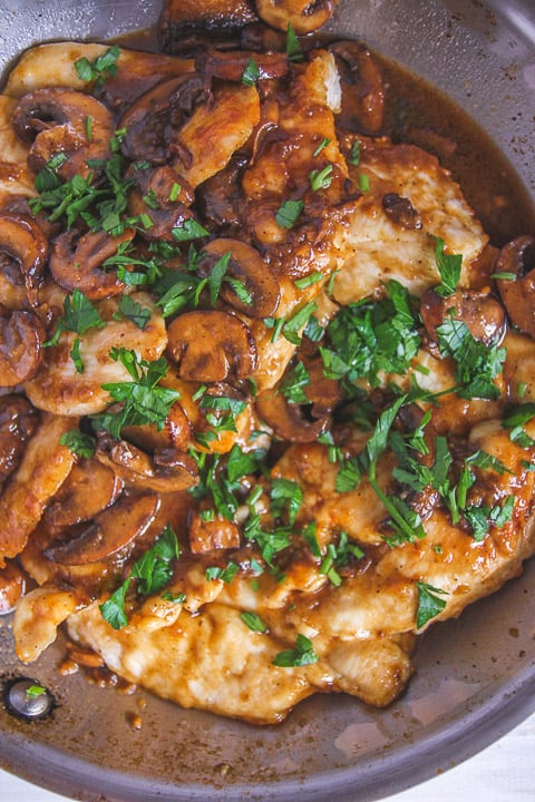 pan of freshly cooked easy to make chicken marsala