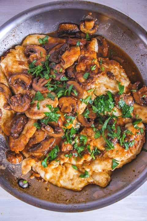 pan of freshly cooked chicken marsala