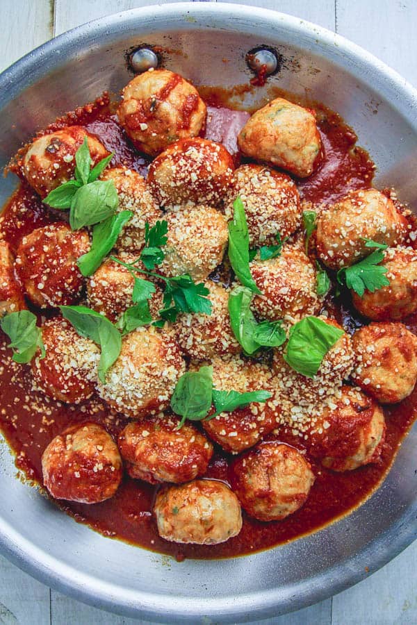 photo of baked turkey meatballs in skillet