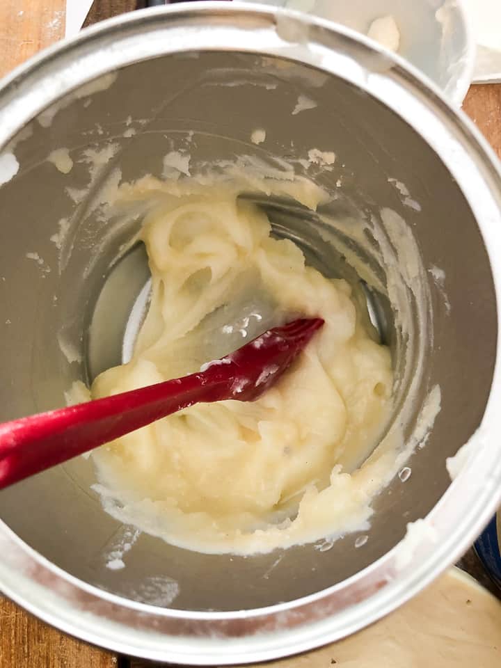 Mixing the pate a choux for the center of the pastries. 