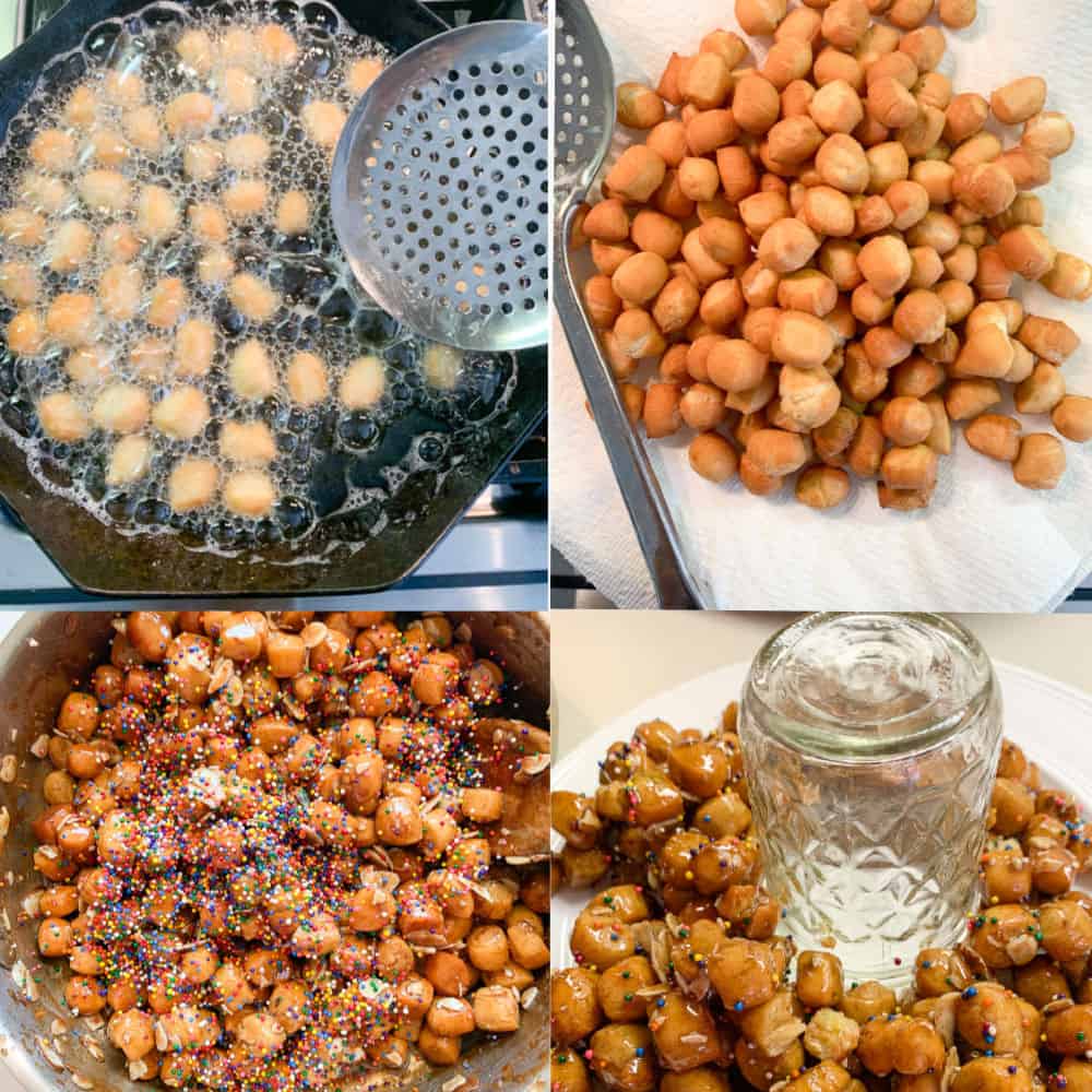 collage of overview of honey ball (struffoli) making process: fry the dough balls and coat with the honey