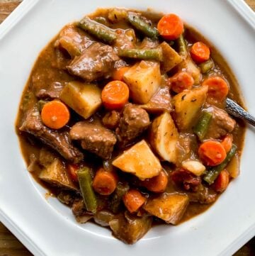 top view of beef stew in white bowl