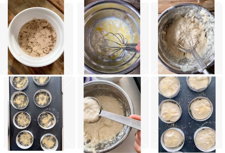 Photo collage of step by step process to making English muffins including mixing the dough, pouring onto griddle and cooking