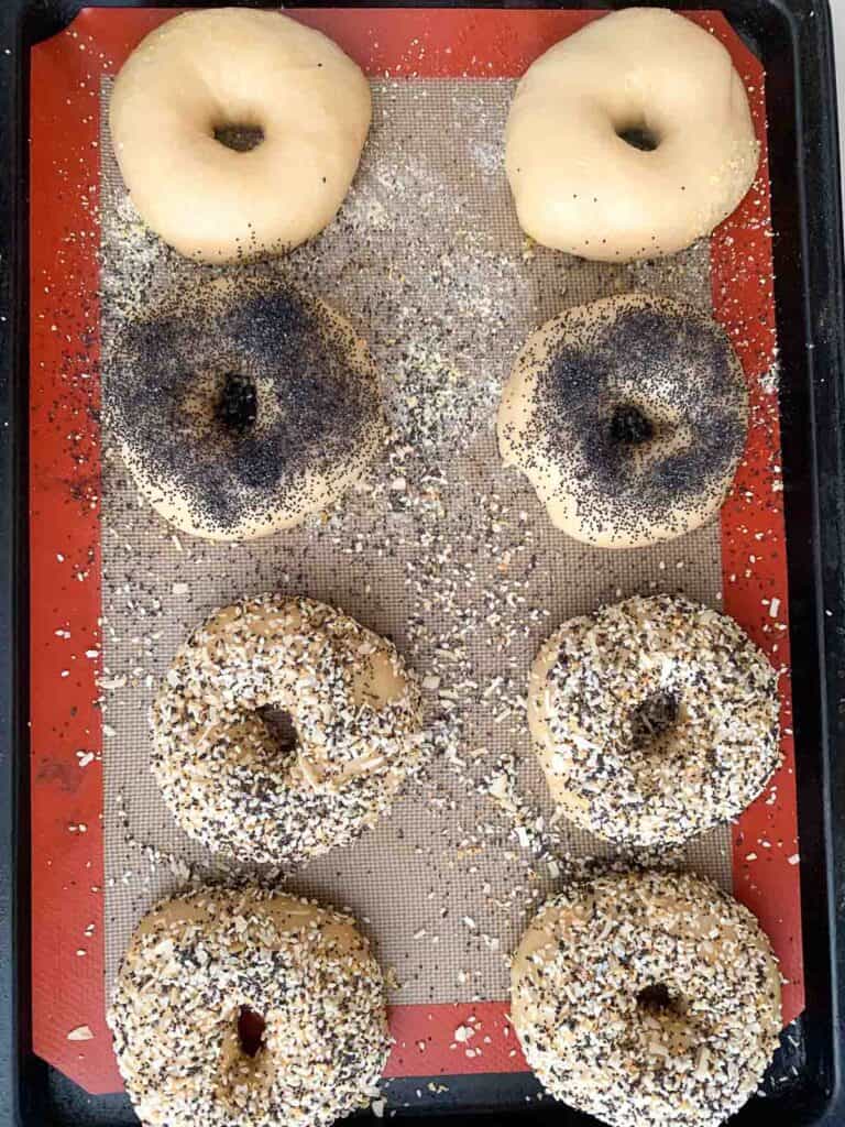 unbaked bagels after boiling but before baking topped with poppy seeds or everything topping