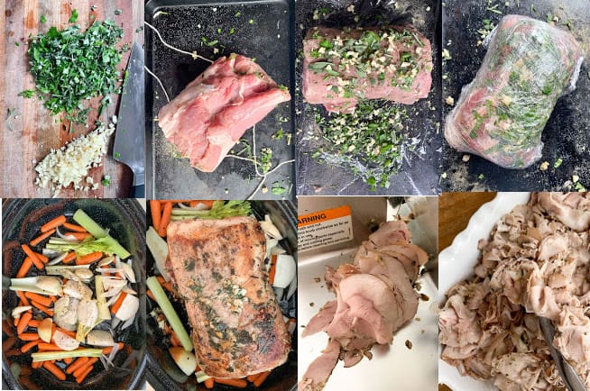 collage of steps to make roast pork (seasoning, tying meat, cooking and slicing