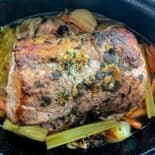 philadelphia roast pork ready to be sliced in granite ware pan