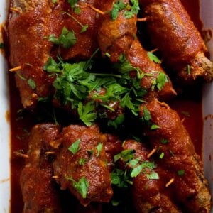 close up view of braciole covered with parsley and pasta sauce