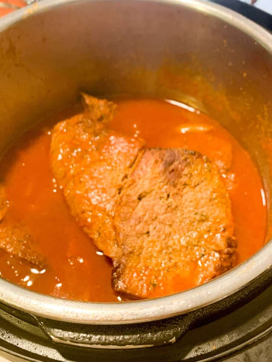 top view of cooked italian beef in instant pot