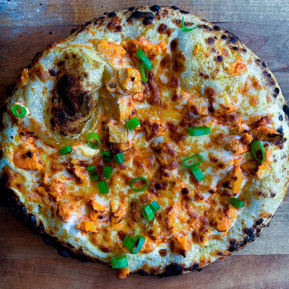 Buffalo chicken pizza out of oven