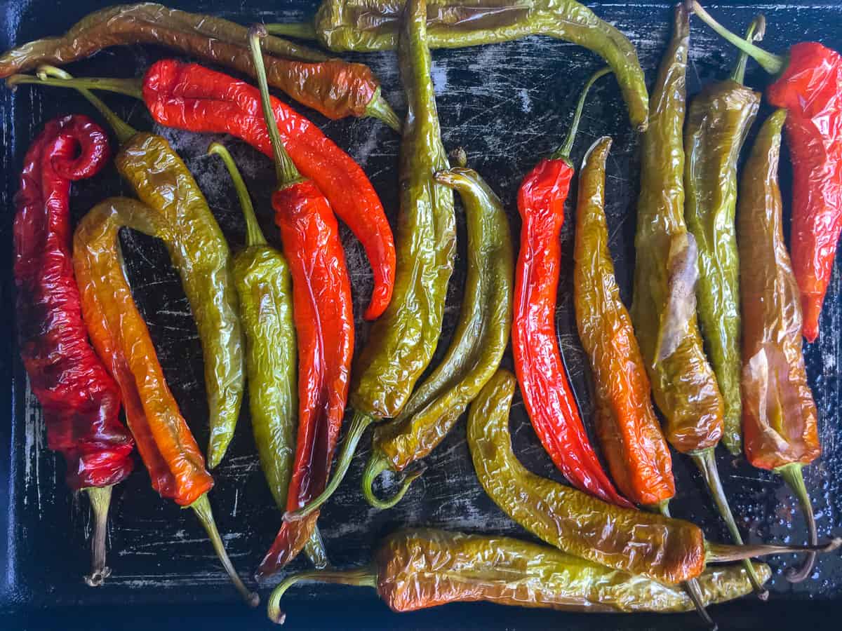 red and green Italian long hots just roasted on sheet pan