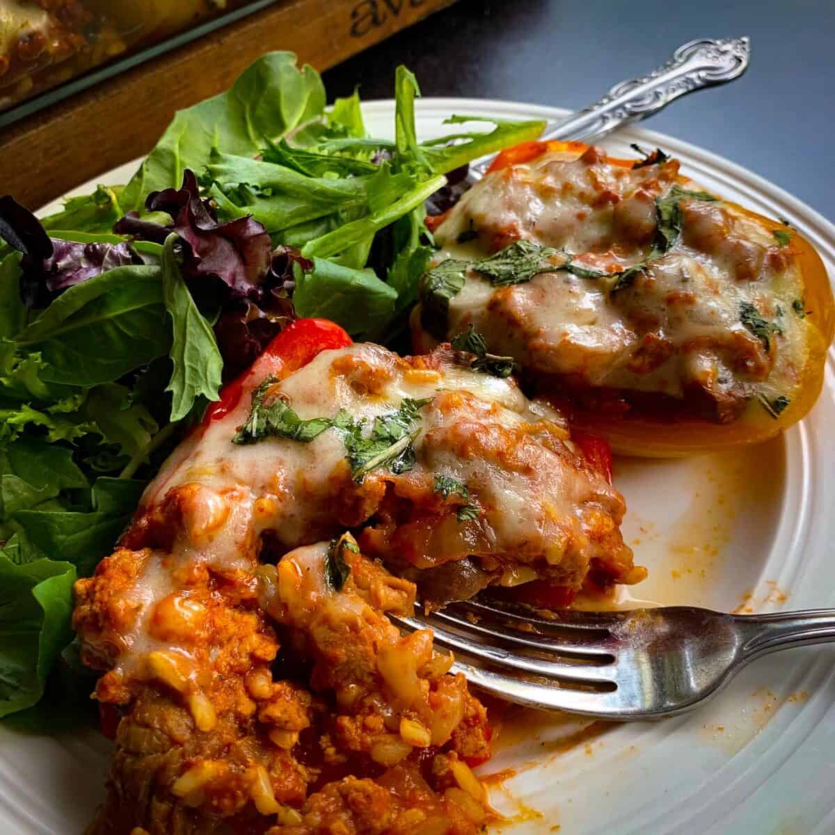 side view of turkey stuffed bell peppers with salad on white dish