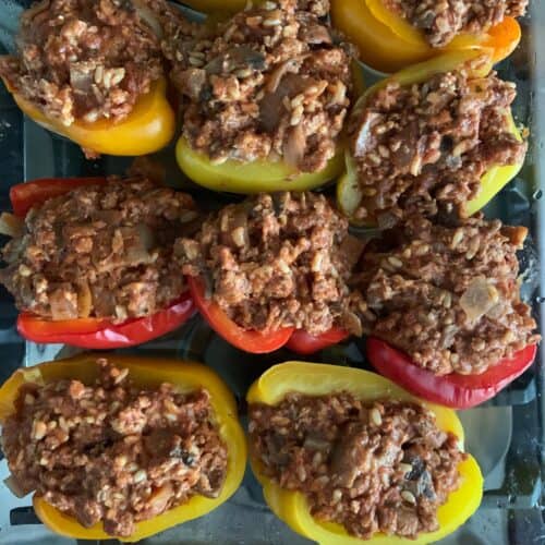 Ground Tender Turkey Stuffed Bell Peppers - Feeling Foodish