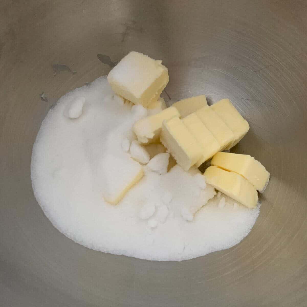 sugar and butter in bowl of standing mixer