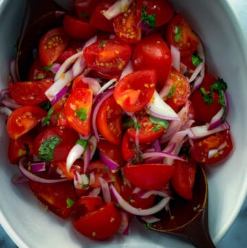 close up view of tomato salad with purple onion in white bowl