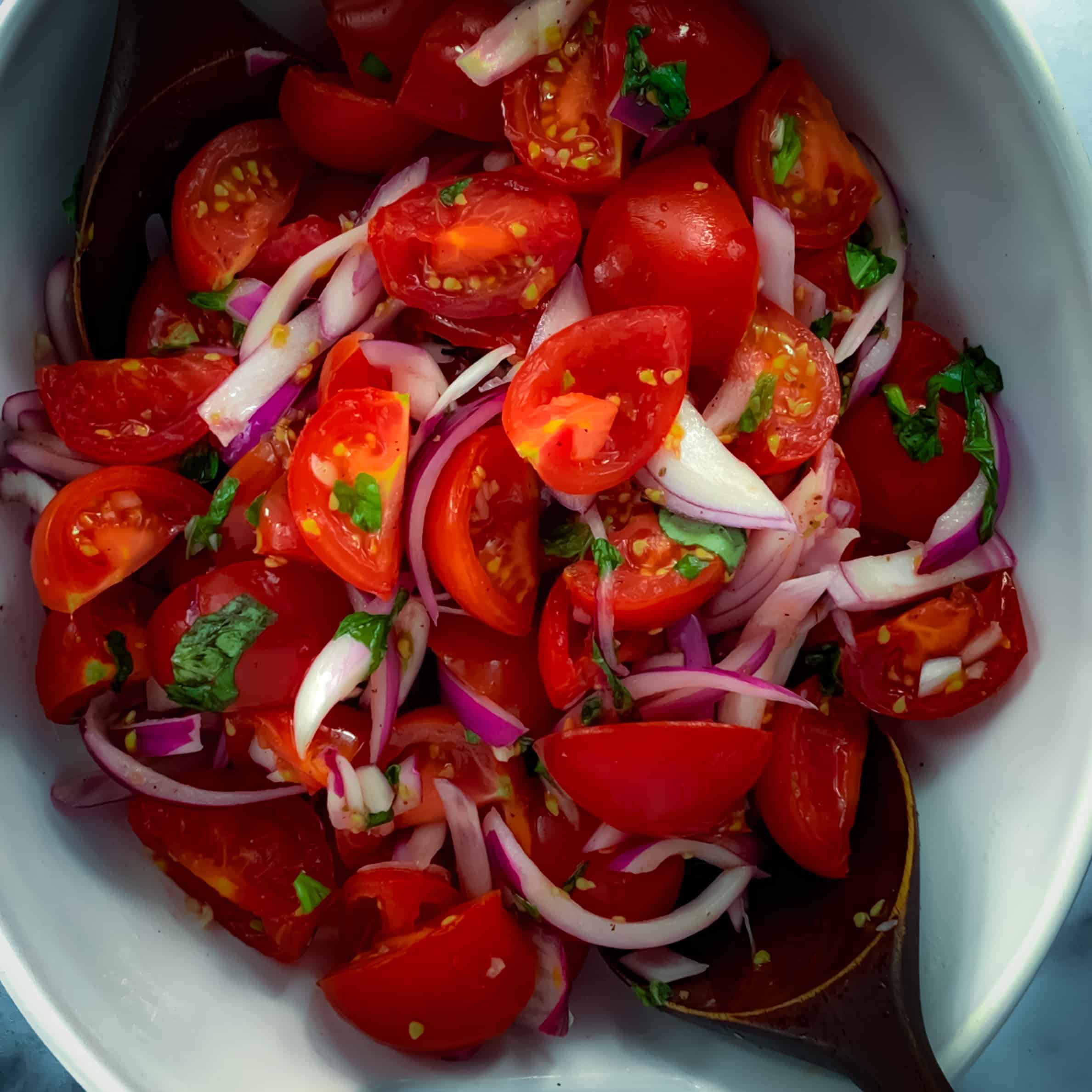 close up view of tomato salad with purple onion in white bowl