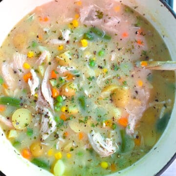 top view of chicken pot pie soup in pot