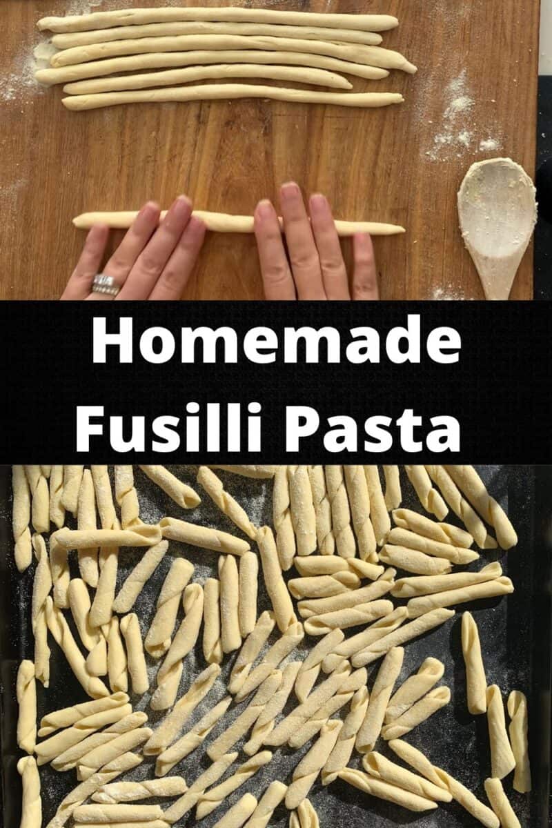Pinterest image of homemade fusilli being rolled and finished on black tray