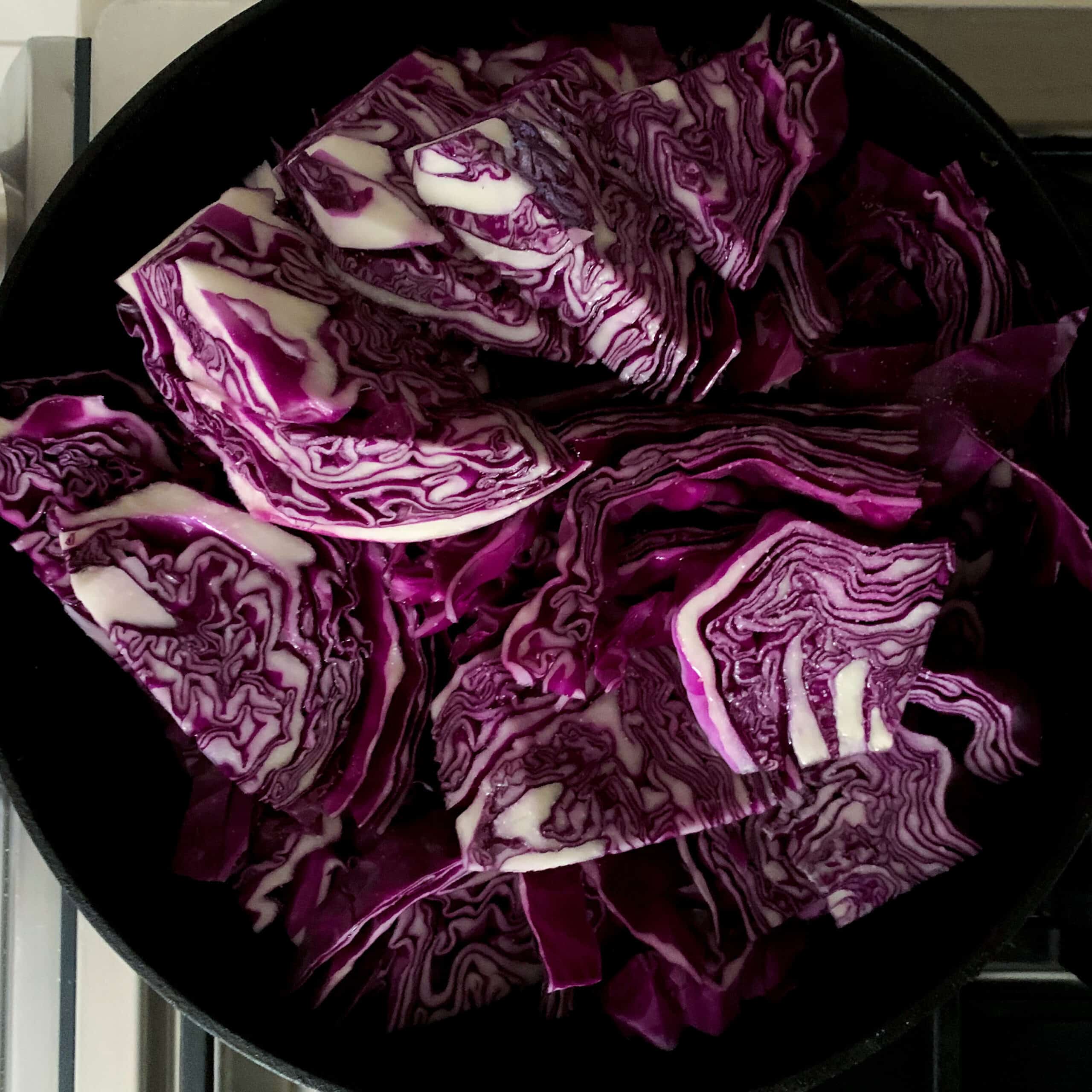 chunks of red cabbage in pan