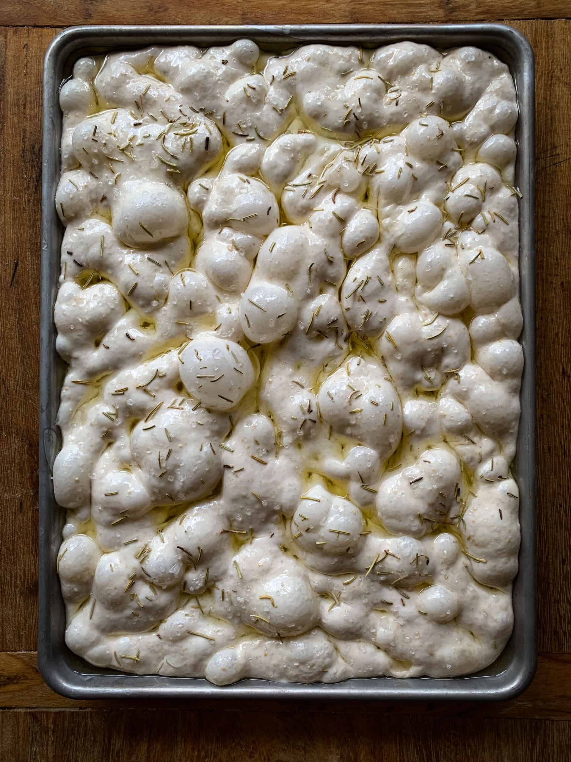 sourdough focaccia bread in tray about to be baked