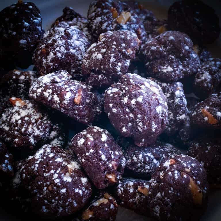 close up view of Italian chocolate cookies with powdered sugar