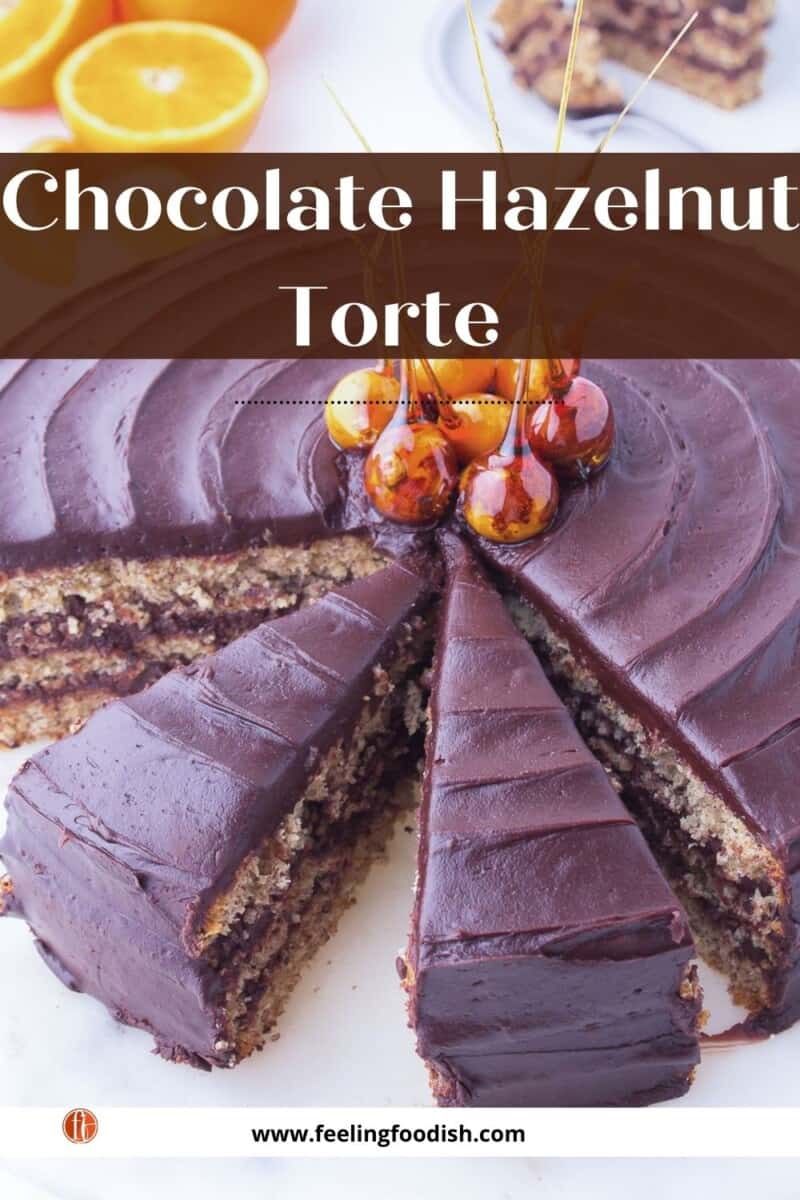 3/4 view of frosted chocolate hazelnut torte sliced