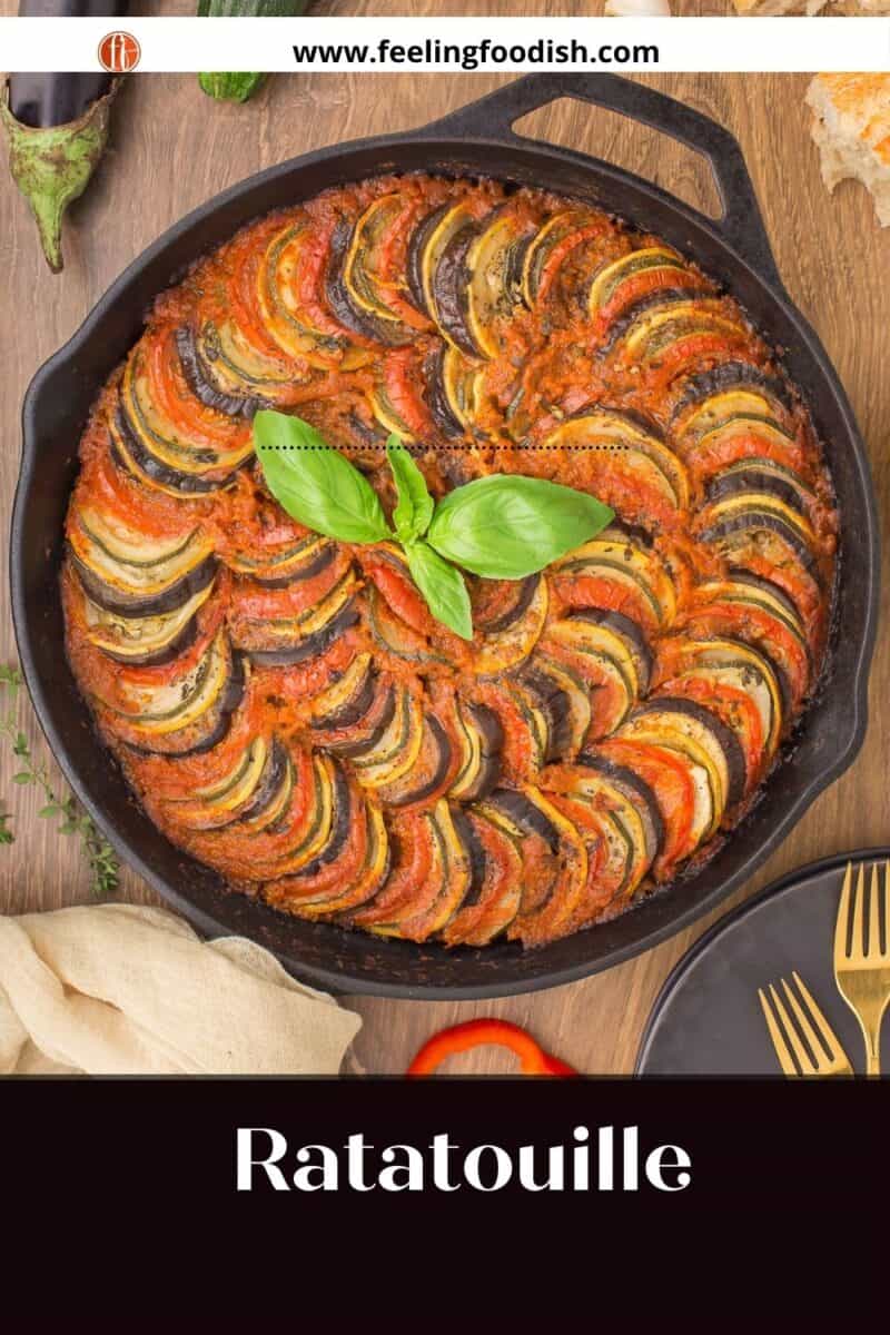 top view of ratatouille with basil leaves