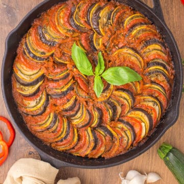 top view of cooked ratatouille on wooden background