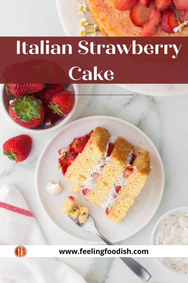 slice of strawberry cassata cake on white plate with fork