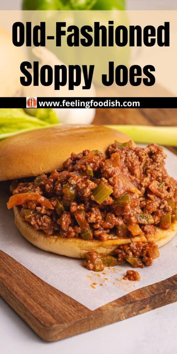 close up view of sloppy joe on wooden board for Pinterest
