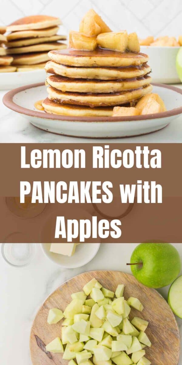 ricotta pancakes stack and diced apples image for Pinterest