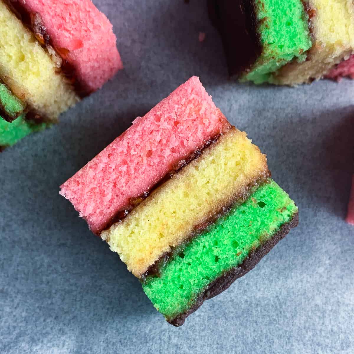 close up view of Italian rainbow cookie 
