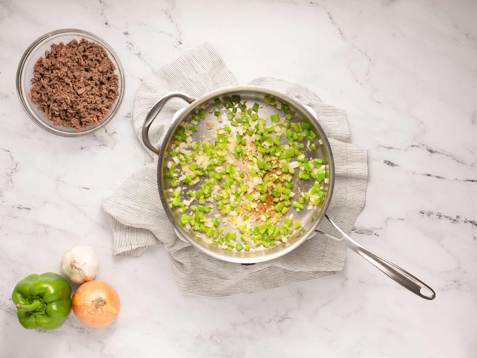 diced veggies in pan for sloppy joes