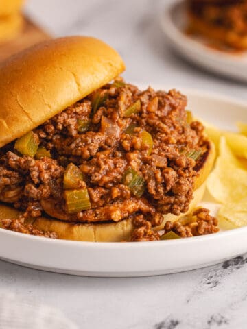 side view of sloppy joe on bun with chips on white plate