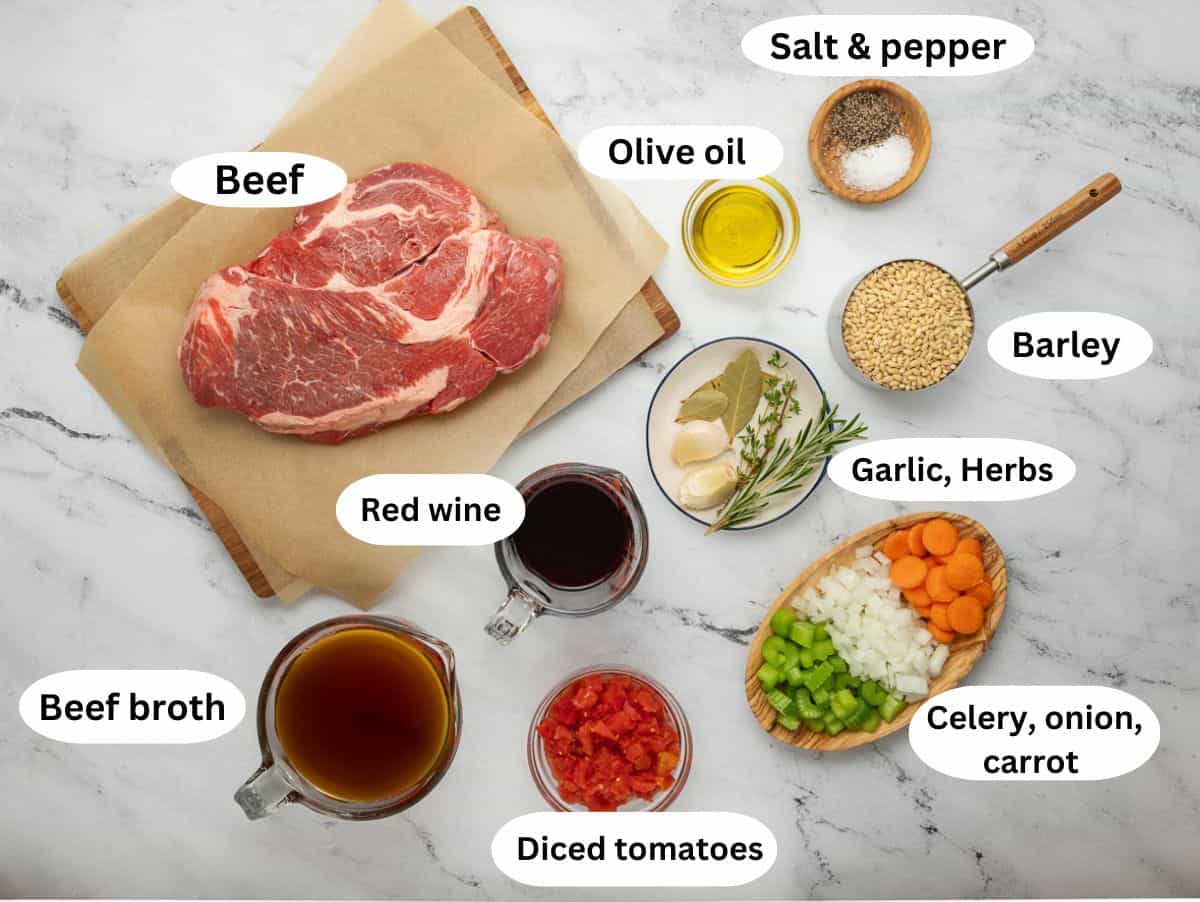 Ingredients for beef barley stew. 