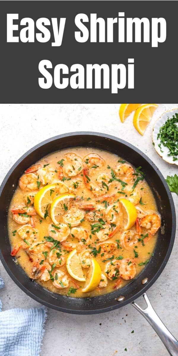Pan of shrimp scampi in black pan for Pinterest.