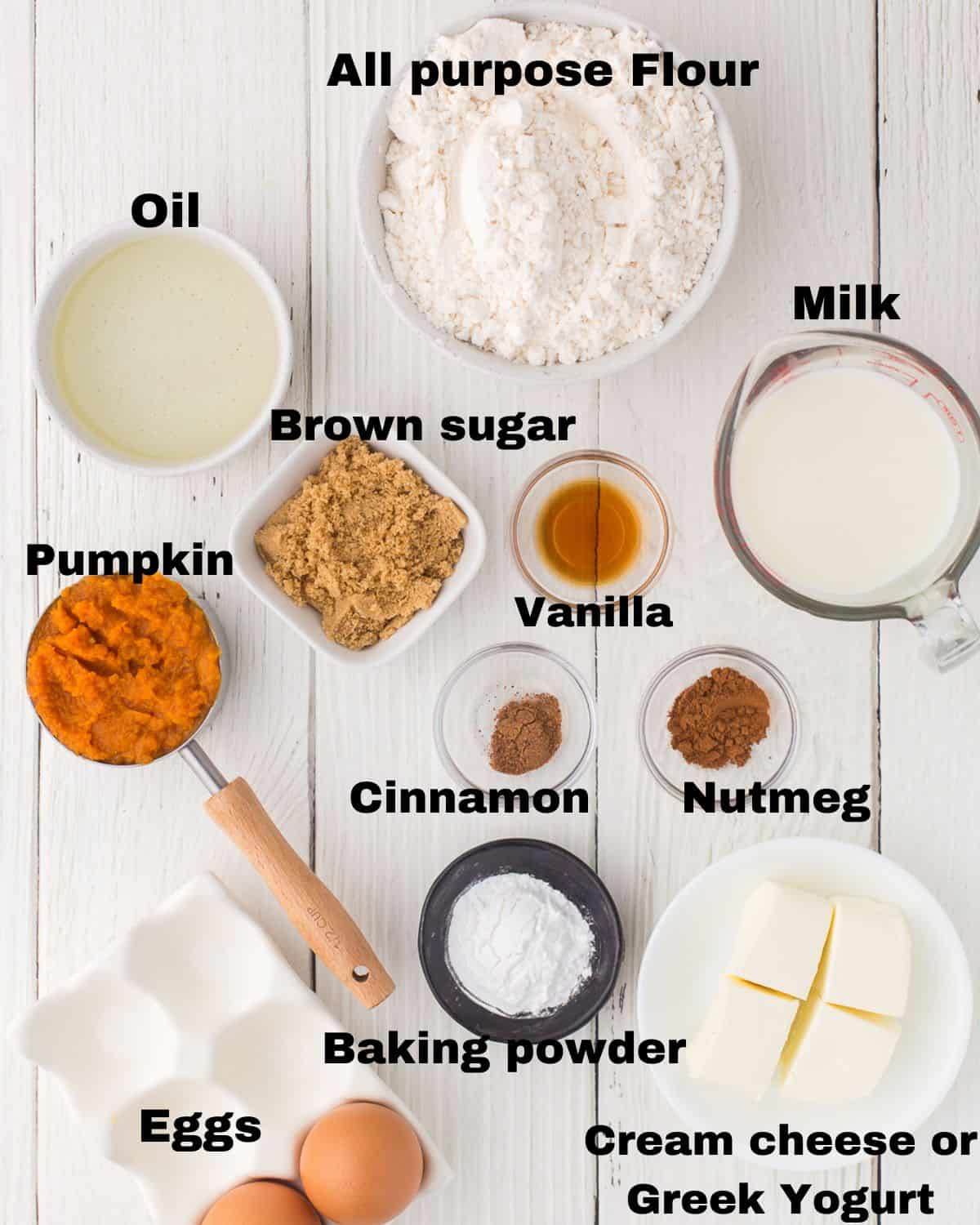 Ingredients for pumpkin waffles on white background.