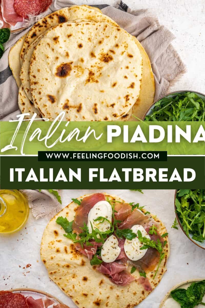 Piadina flatbread in a stack and also with lunch meats and cheese.