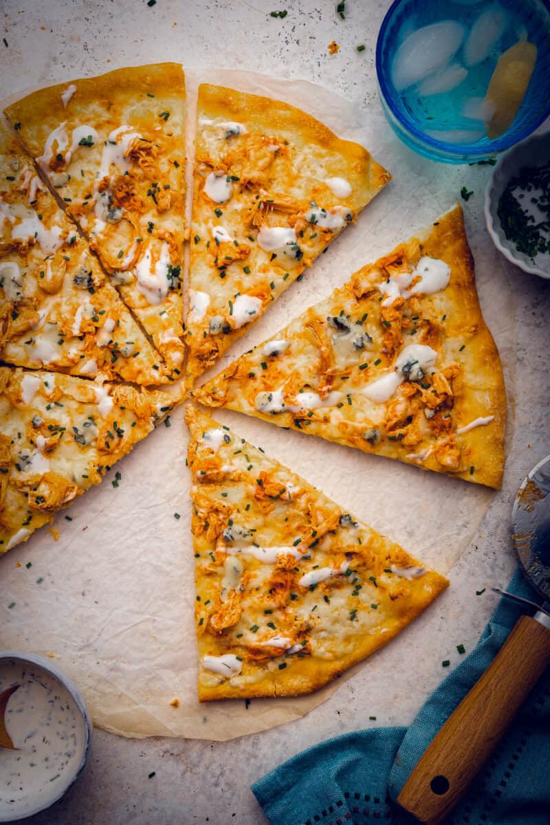 Sliced buffalo chicken pizza.