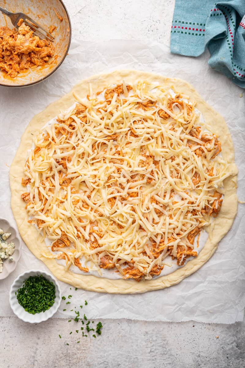 Buffalo chicken pizza just before baking.