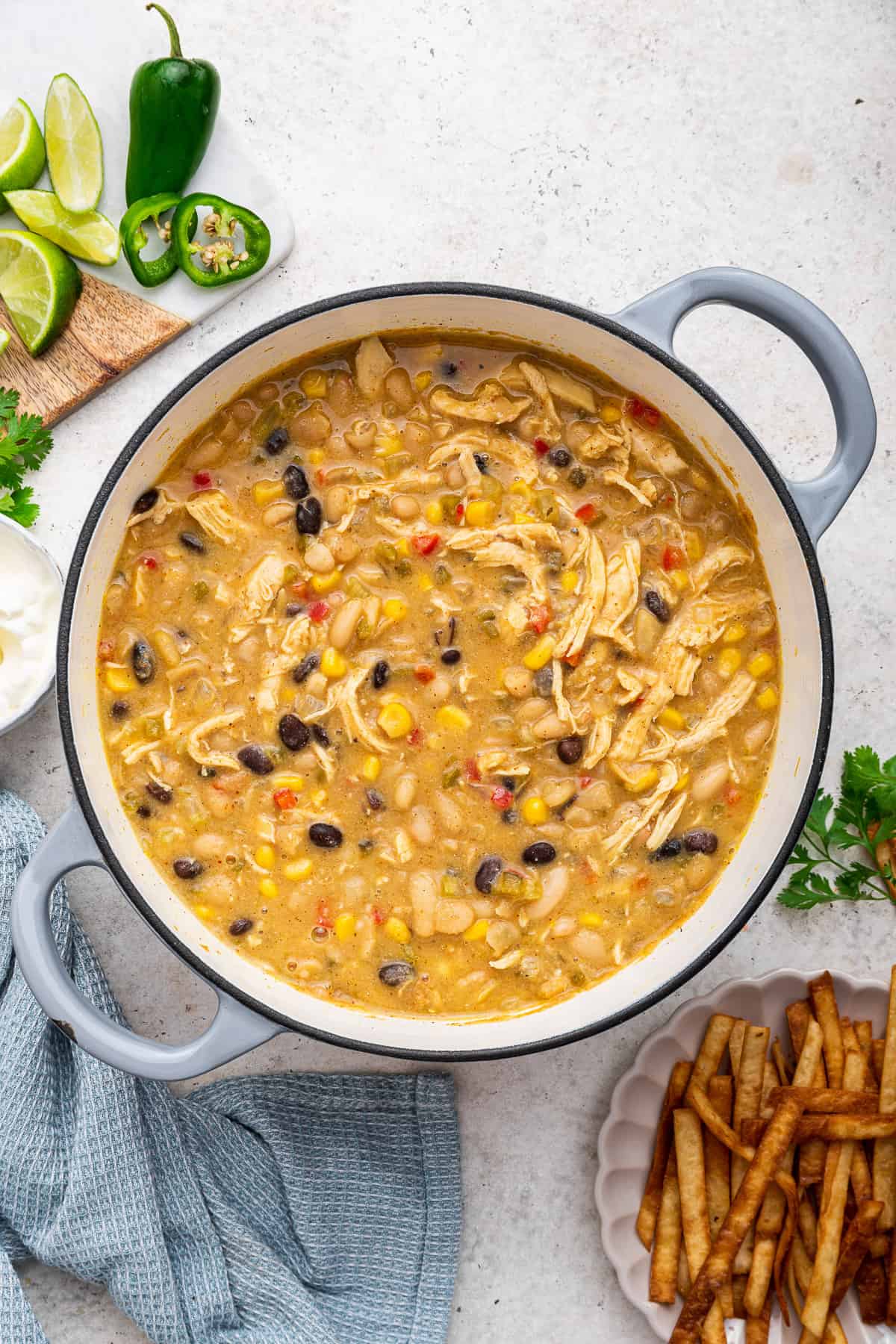 Post of chicken tortilla soup with chicken and beans.