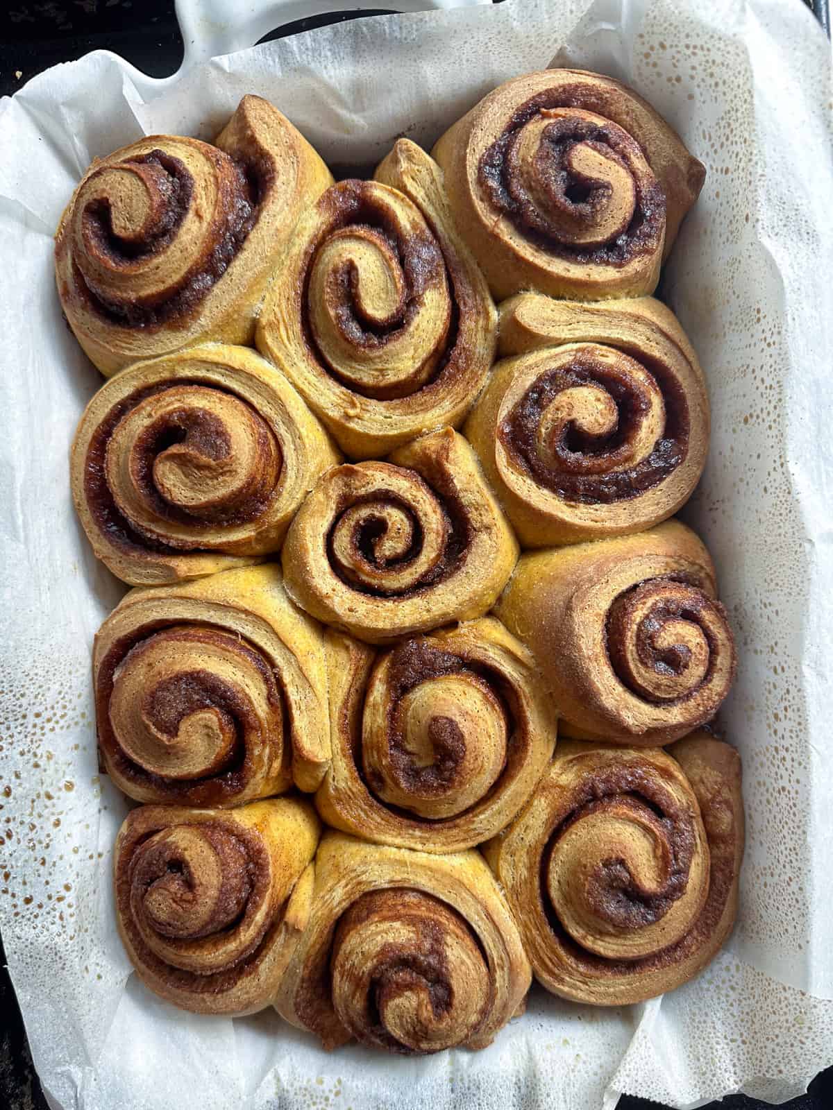 Just baked cinnamon pumpkin buns before frosting. 