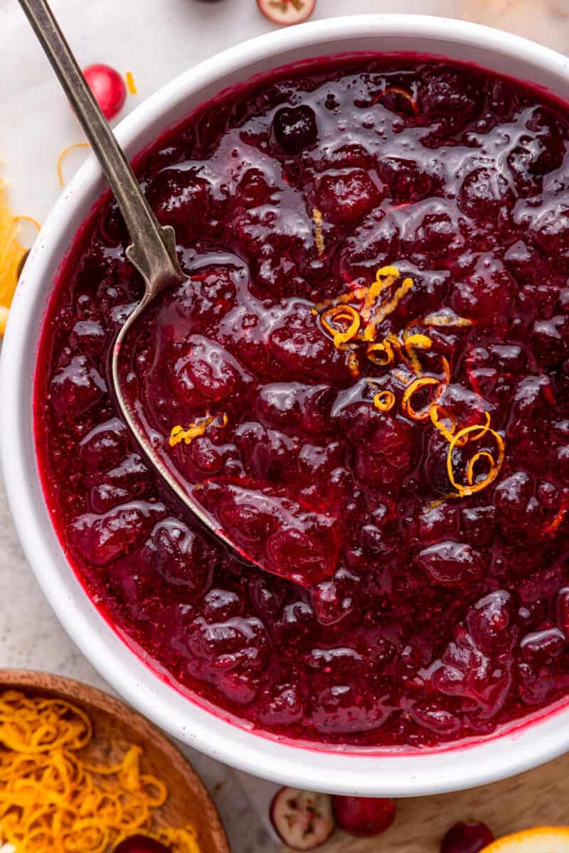 Close up view of cranberry sauce with spoon and orange zest.