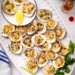 Baked clams with lemon and parsley in white tray.